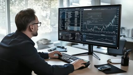 Poster - A man analyzes financial data and trading charts on dual monitors at a modern office desk.