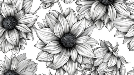 Poster - A seamless monochrome floral pattern with dahlia flowers isolated on white background creates an elegant and decorative botanical design for various creative projects