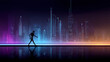 © ALA - A robot walking in a futuristic city with a neon-lit skyline, sleek design, no people. Artificial Intelligence, Futuristic Digital Technology, Metaverse of Digital Intelligent World