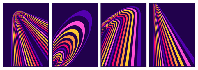 Poster - retrofuturism poster design in trend retro line style and neon colors on black dark background. modern art wall poster retro vintage 70s style stripes background template lines shapes vector design