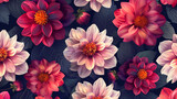 A seamless floral pattern featuring dahlias in shades of pink, burgundy, and white with detailed centers, set against a dark and moody botanical background