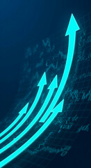 Poster - multiple cyan arrows ascend over a dark blue background patterned with mathematical formulas, symbol