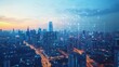 © Timeless Touch - Urban skyline at dusk with vibrant lights and digital network overlay representing connectivity and technology advancement
