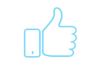 Poster - Glowing neon blue thumb up like icon on transparent background representing approval and positive feedback