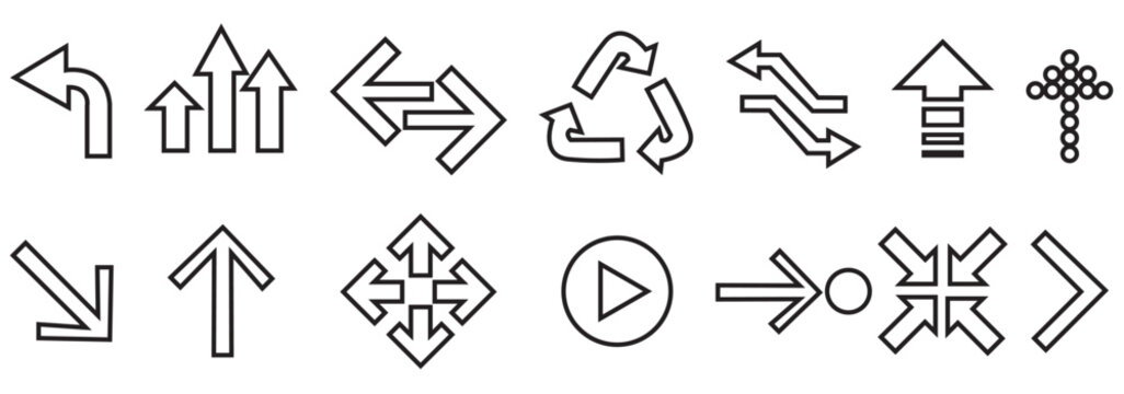 Vector black arrow icons set, including geometric, dotted, and outlined styles for navigation, graphic design, and interface purposes