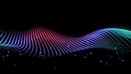 Poster - Futuristic wave of musical particles. Stream of running data. 3D rendering