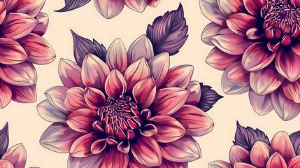 Poster - A beautiful seamless pattern of pink and purple dahlia flowers with detailed petals and leaves creates an elegant and romantic floral background