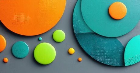 Leinwandbilder - Abstract composition featuring colorful circles, semicircles, dots. Textured surfaces create depth, contrast against gray background. Modern design.