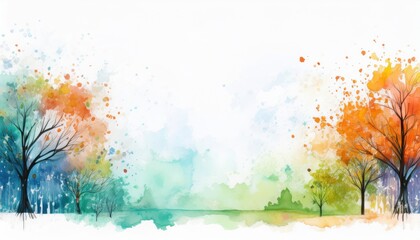 Poster - vibrant watercolor landscape of seasonal trees with colorful splashes and soft gradients for web design, poster, background, or branding illustration use

