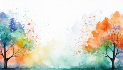 Poster - vibrant watercolor landscape of seasonal trees with colorful splashes and soft gradients for web design, poster, background, or branding illustration use

