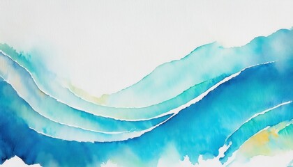 Poster - serene turquoise and blue watercolor wave with soft mountain edges and abstract flow on white background for branding, web banner, poster, or packaging design


