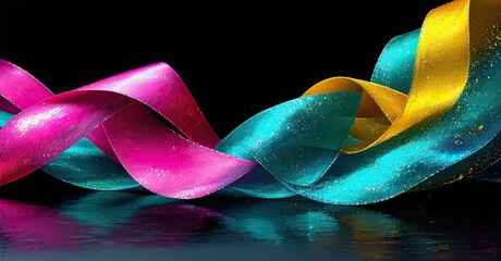 Aufkleber - Colorful ribbons flow, twisting against dark background. Shiny texture creates dramatic reflections, vibrant hues dominate composition.