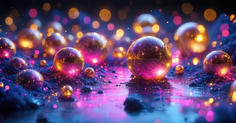 Aufkleber - Vibrant spheres float, reflect light. Pink, gold hues dominate dark background. Magical, dreamy scene evokes wonder, fantasy.