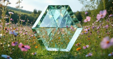 Poster - Hexagonal prism reflects vibrant meadow. Flowers bloom, creating colorful, mirrored landscape. Sunlight filters through foliage.