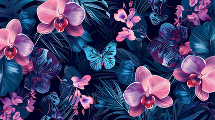 Poster - A vibrant tropical pattern featuring orchids, butterflies, and lush foliage in shades of pink, purple, and teal against a dark background, creating an exotic and elegant design