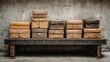© gleb - Stack of aged vintage cardboard boxes tied with string on rustic industrial bench against textured wall perfect for retro delivery concepts, warehouse visuals and packaging history themes