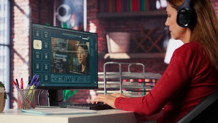 Fototapete - Software developer at home office coding on desktop using AI powered script, building an interface and implementing programming language algorithms. Engineer uses text to code. Camera A.