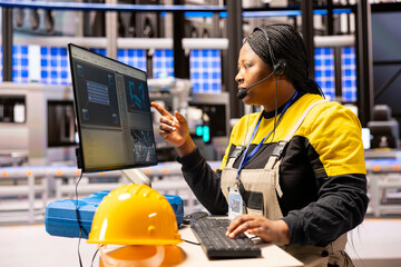 Poster - female engineer supervises production line, using automation system to enhance conveyor belt speed a
