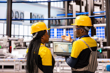 Poster - black team of engineers supervising smart manufacturing process using digital interface on laptop. r