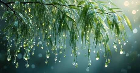 Poster - Green leaves dripping water droplets. Soft light creates serene, natural atmosphere. Peaceful scene evokes freshness, tranquility.