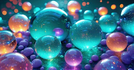 Aufkleber - Vibrant bubbles float, glow. Teal, orange, purple hues blend. Light reflects, creates dreamy atmosphere. Abstract, colorful scene.