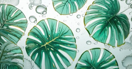 Poster - Green monstera leaves, water droplets, light background. Freshness, nature, clean aesthetic, vibrant colors present.