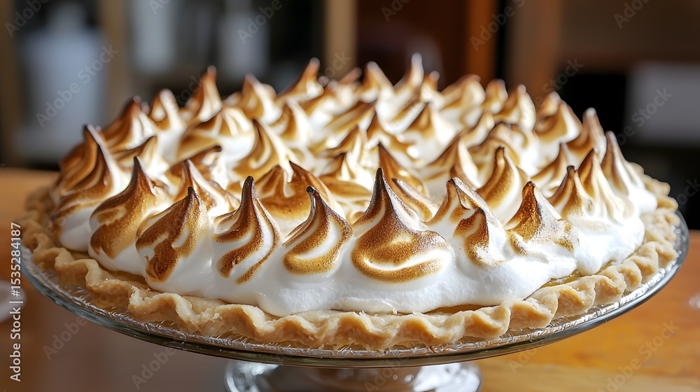 34. Side angle photo of lemon meringue pie with golden brown peaks ...