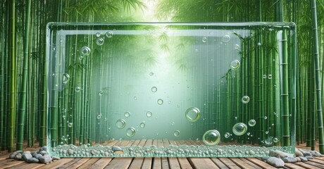 Poster - Bamboo forest scene. Water tank filled with bubbles sits on wooden platform among rocks. Sunlight filters through stalks.