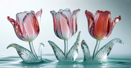 Poster - Elegant glass tulips float upon water. Delicate petals, stems reflect light, creating beautiful visual effect. Minimalist composition.