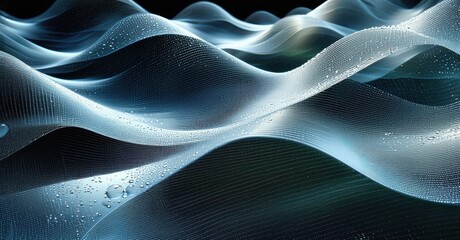 Poster - Abstract waves, flowing forms, digital texture. Blue tones dominate, creating futuristic landscape. Water droplets add realism.