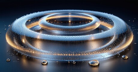 Poster - Abstract rings glow, illuminated. Water droplets reflect light, creating futuristic visual effect. Dark background enhances luminosity.