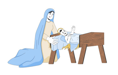 Aufkleber - Mary kneeling beside baby Jesus swaddled in straw manger 2D cartoon bible characters. Maternal care. Christ birth. Nativity mother flat vector people isolated on white. Spot illustration colorful