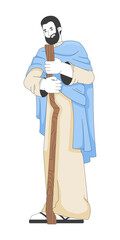 Poster - Joseph holding wooden staff 2D cartoon bible character. Biblical kind guardian. Spiritual leader shepherd humble man standing flat vector person isolated on white. Spot illustration colorful