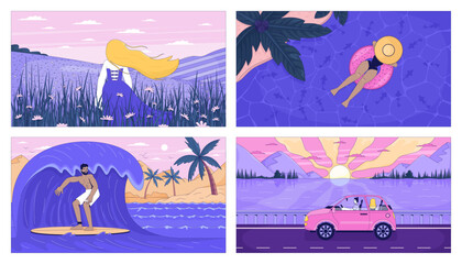 Poster - Summer vacation and beach leisure lofi wallpapers set. Sunset roadtrip, woman in flower field, pool float 2D cartoon flat illustrations. Vector art images lo fi aesthetic color backgrounds collection