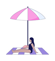 Poster - Girl relaxing under beach umbrella 2D cartoon character. Young woman in long dark hair in swimsuit sitting in parasol shade flat vector faceless person isolated on white. Spot illustration colorful