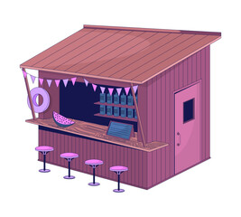 Poster - Tropical beach bar hut 2D cartoon object. Summer vibe stand. Cozy beachside wooden kiosk with stools, bunting flags, slanted roof isolated element flat vector clip art on white. Spot illustration