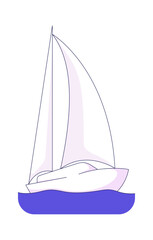Poster - Minimalist white sailboat gliding on calm waters 2D cartoon object. Floating vessel. Marine travel. Ocean journey. Sailing boat isolated element flat vector clip art on white. Spot illustration