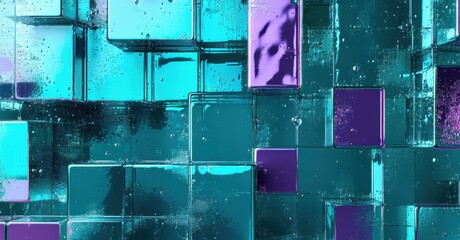 Leinwandbilder - Abstract cubes, teal and purple hues, reflective surfaces. Geometric shapes create complex digital composition. Modern design.
