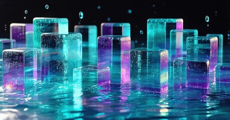 Poster - Abstract glowing cubes float above reflective surface. Vibrant blue, purple hues create futuristic scene. Particles add depth.