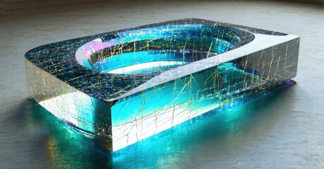 Poster - Rectangular sculpture, vibrant colors, glowing light. Unique design features cracked texture, smooth surfaces. Modern art piece.