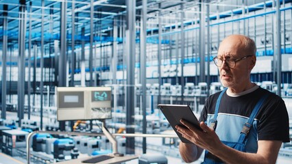 Poster - elderly senior engineer in smart solar panels manufacturing factory uses software on tablet to maxim
