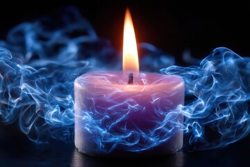 Poster - Beautiful purple candle flame surrounded by ethereal smoke on a dark background