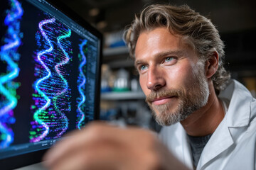 Poster - Scientist analyzes colorful genetic data on computer in modern laboratory setting