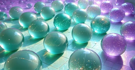 Aufkleber - Glowing spheres cover tiled floor. Light reflects, creating dreamy, immersive visual experience. Colors shift between teal, purple hues.