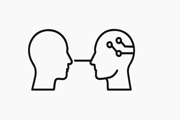 Poster - Human to AI Communication A Minimalist Illustration of Interconnected Minds and Technological Advancement Represented by Two Head Silhouettes with Circuitry in One Symbolizing the Future