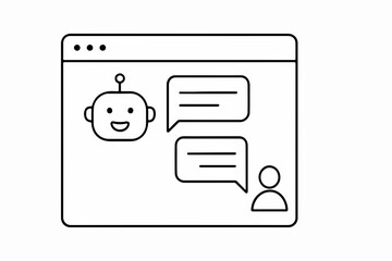 Fototapete - Line Art Illustration of a Chatbot Interface with a Smiling Robot and a Human Figure Exchanging Messages within a Browser Window on a White Background