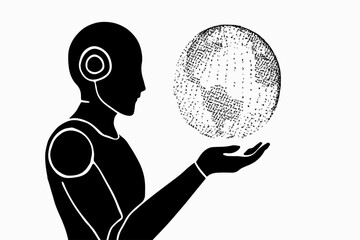 Fototapete - Artificial Intelligence and Data Visualization A Silhouette of a Robot Holding a Stylized Sphere Against a Clean White Background Conveying Technology and Innovation stark black