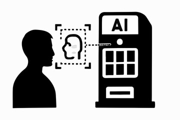 Poster - Artificial Intelligence Facial Recognition System A black and white illustration of a person s profile being scanned by an AI machine for identity verification and