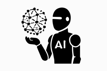 Fototapete - Artificial Intelligence Robot Holding a Network Sphere A Black and White Icon Depicting the Convergence of Technology and Connectivity in the Realm of AI Innovation