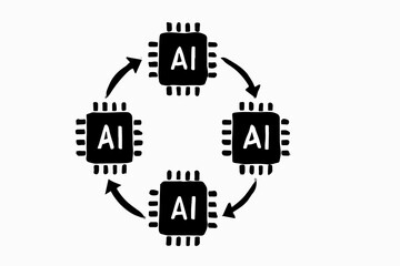 Fototapete - Artificial Intelligence Cycle A Black and White Depiction of AI Chips in a Circular Flow with Arrows Connecting Them Representing Continuous Processing and Data Exchange